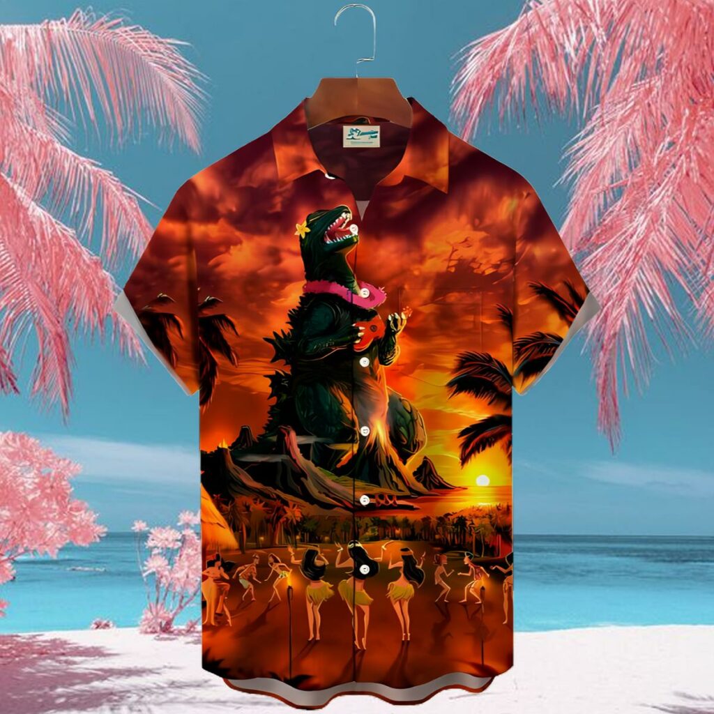Godzilla Monster Print Mens Hawaiian Shirt 2 3
