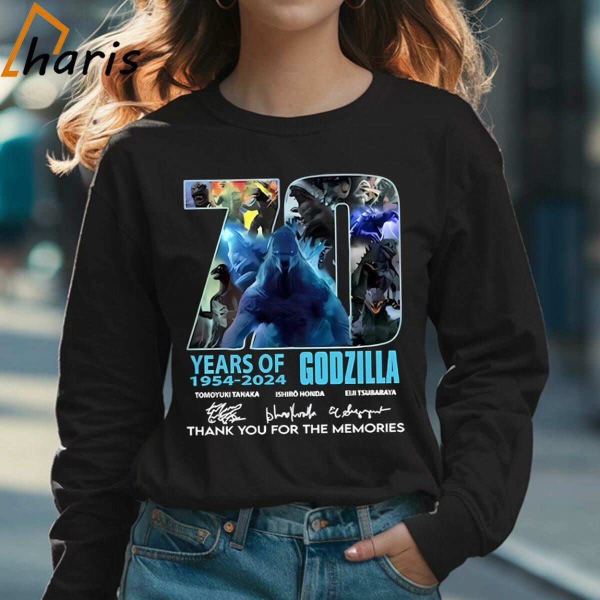 70 Years of 1954 2024 Godzilla Thank You The Memories Signature T shirt 3 Long sleeve shirt