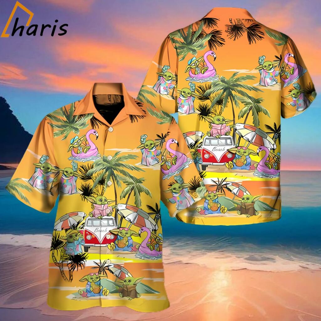 Cartoon Baby Yoda Vs Flamingo Star Wars Orange Hawaiian Shirt