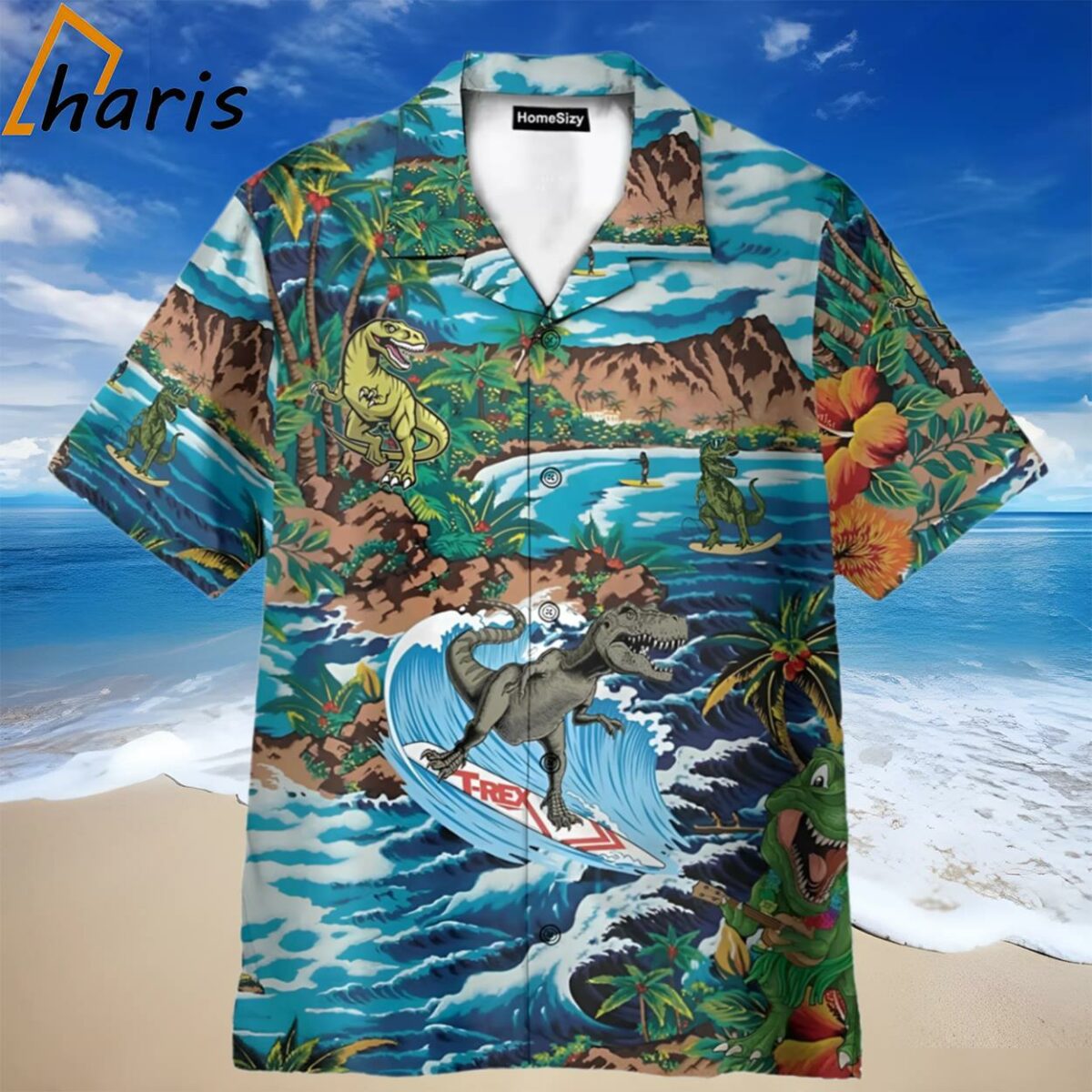 Dinosaur Surfing On Tropical Island Hawaiian Shirt 1 1