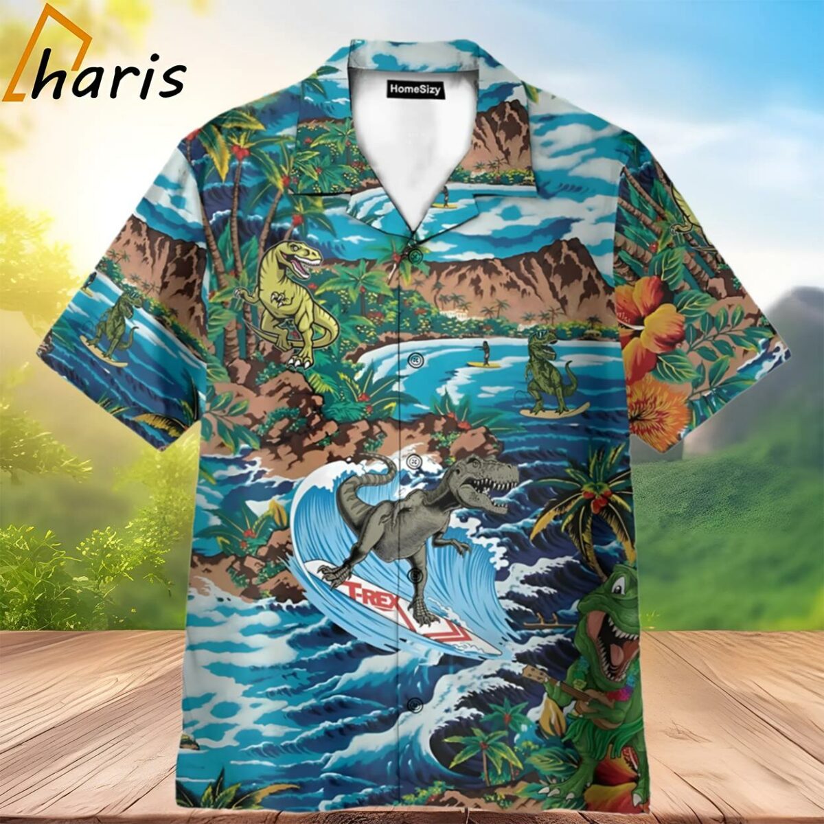 Dinosaur Surfing On Tropical Island Hawaiian Shirt 2 3