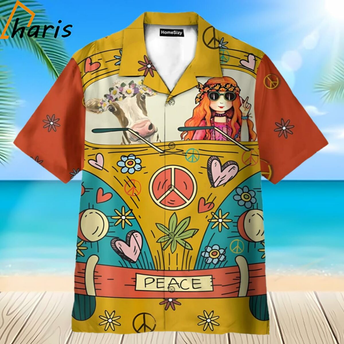 Hippie Cow On Peace Bus Hawaiian Shirt 2 2
