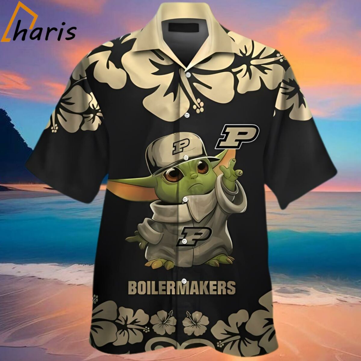 NCAA Purdue Boilermakers Baby Yoda Gold Black Star War Hawaiian Shirt 2 2