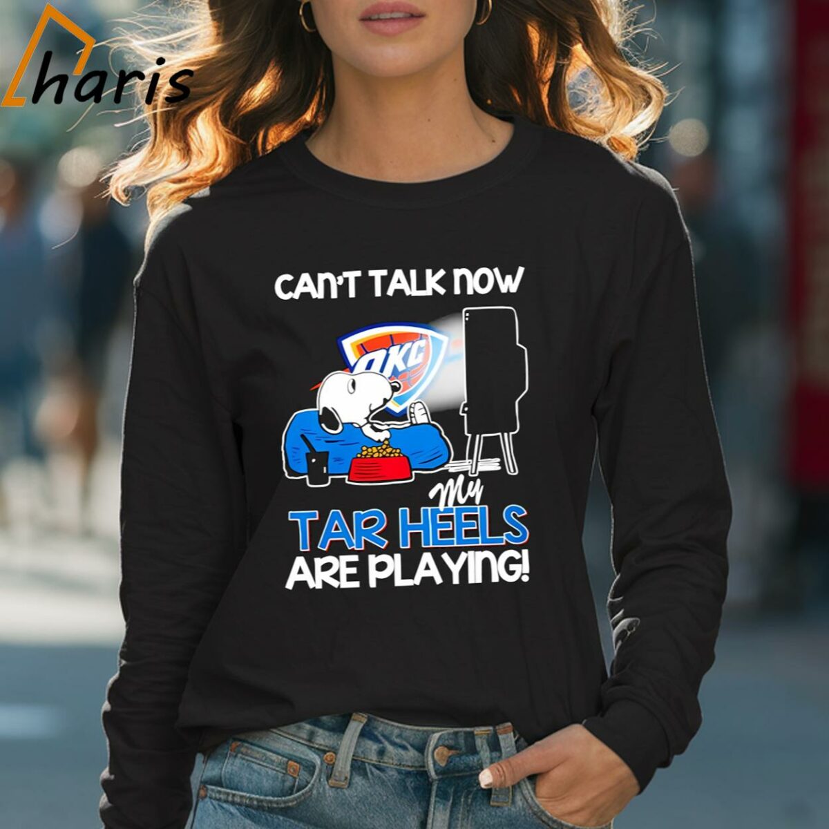 Oklahoma City Thunder Snoopy Watching Tv Cant Talk Now My Tar Heels Are Playing Shirt 4 Long sleeve shirt