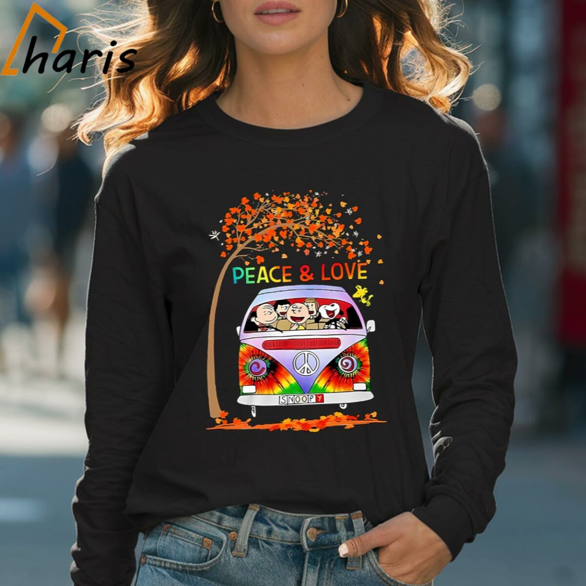 Snoopy Peace And Love Leaves Tree Hippie Bus The Peanuts Shirt 4 Long sleeve shirt
