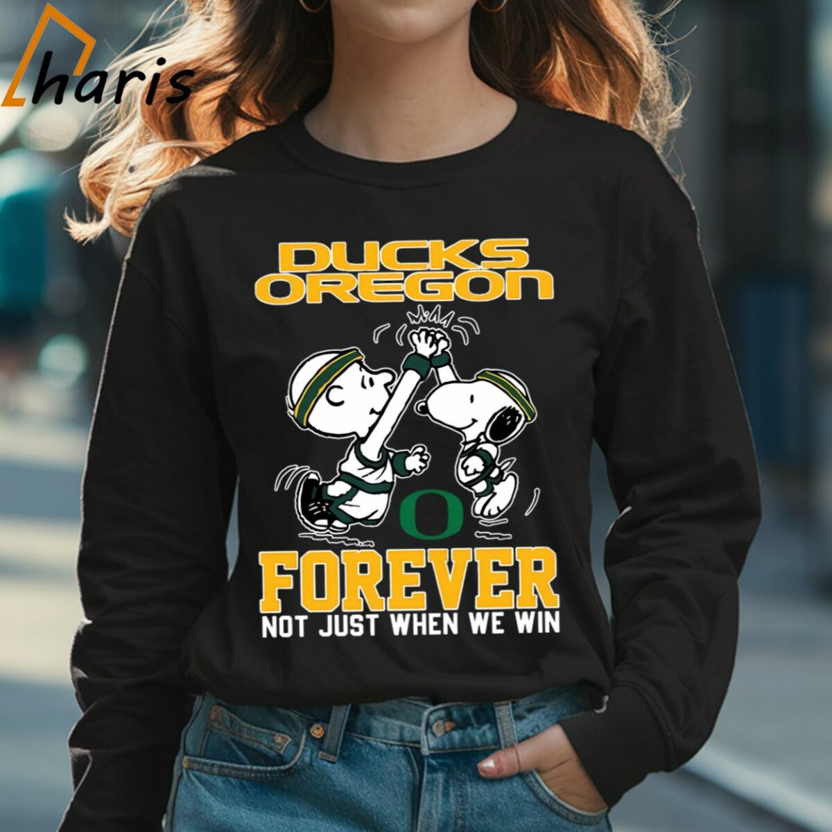Snoopy and Charlie Brown Oregon Ducks High Five Forever Not Just When We Win Peanuts Shirt 3 Long sleeve shirt