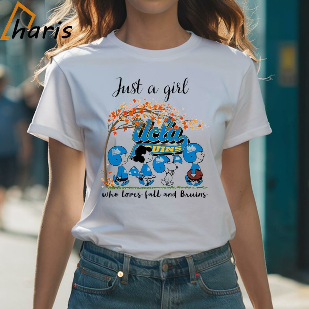 Just A Woman Who Loves Fall and UCLA Bruins Peanuts Cartoon T-shirt