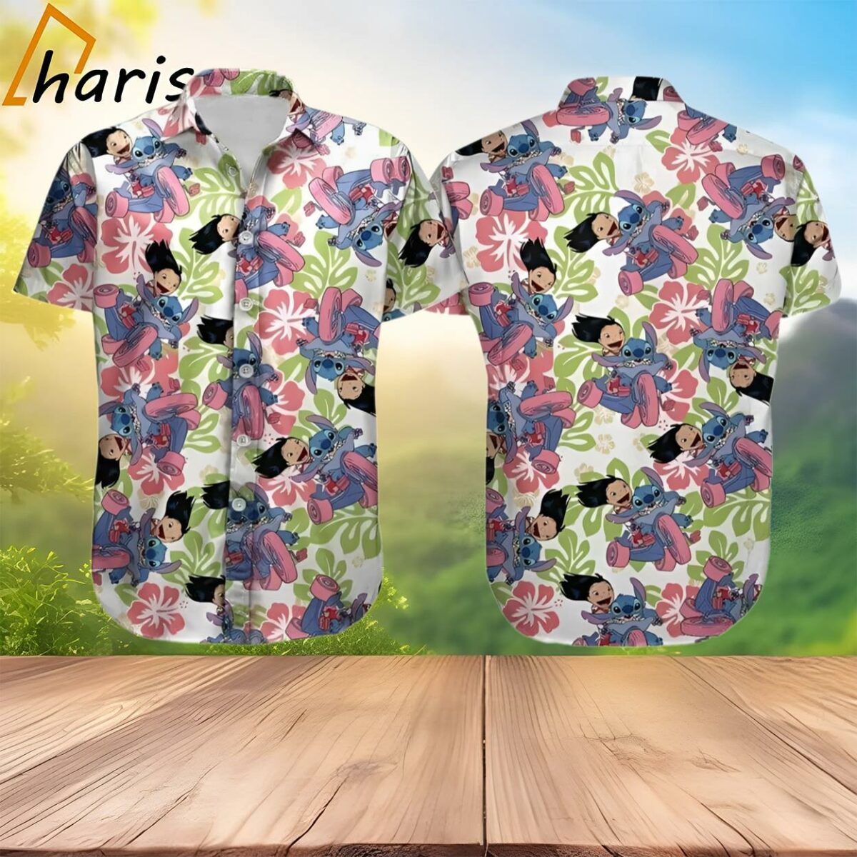 Lilo And Stitch Hawaiian Shirt Hibiscus Pattern Cartoon Characters Riding Bike 2 3
