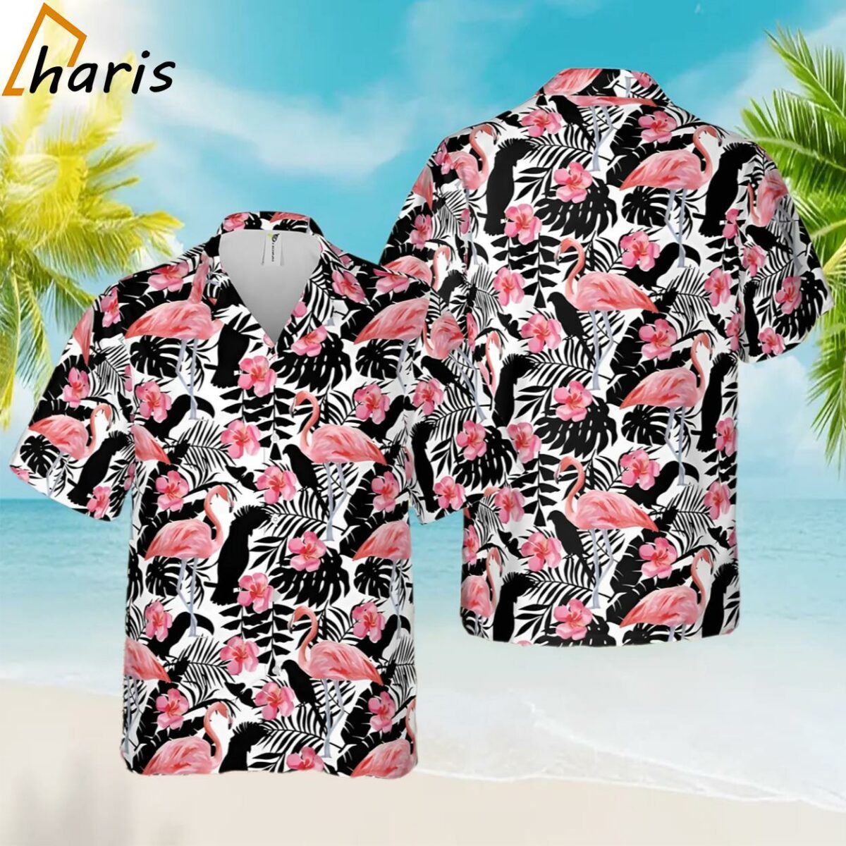 Pink Flamingo Black Parrots And Plants Hawaiian Shirt 1 1