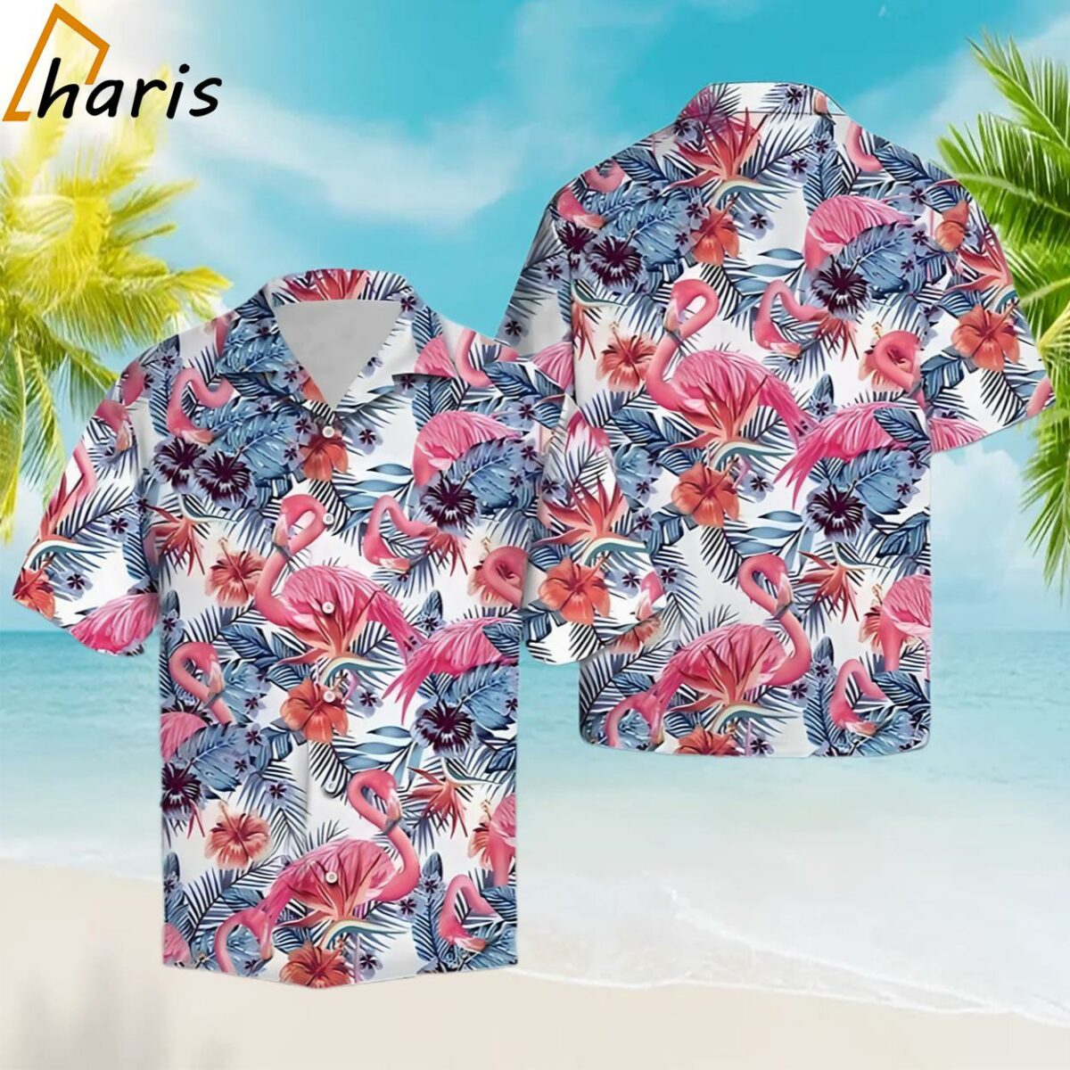 Pink Flamingo With Red Hibiscus In White Trendy Hawaiian Shirt 1 1