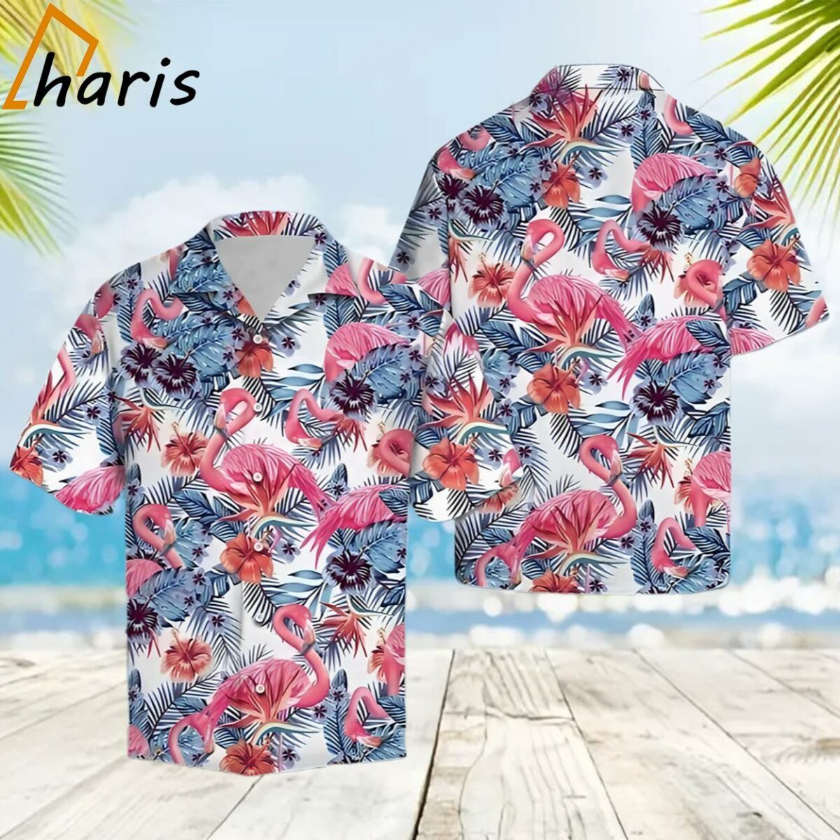 Pink Flamingo With Red Hibiscus In White Trendy Hawaiian Shirt 2 2
