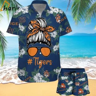 Auburn Tigers Girl Messy Bun Short Sleeve Button Up Tropical Hawaiian Shirt 1 1