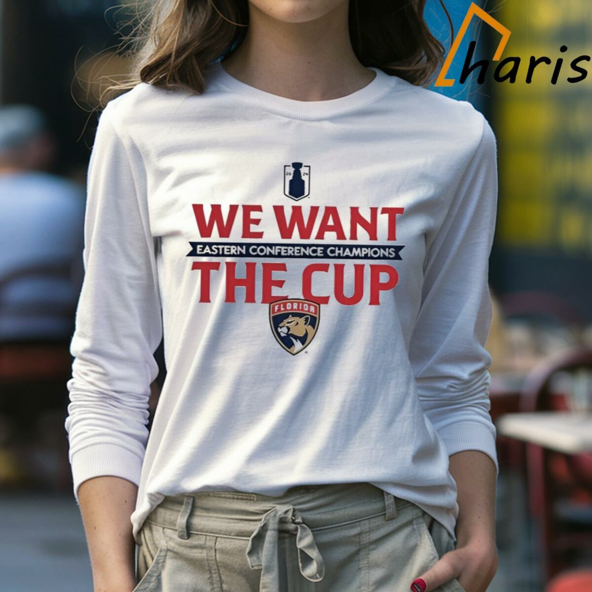 Florida Panthers 2024 Eastern Conference Champions We Want The Cup T shirt 4 Long sleeve Shirt