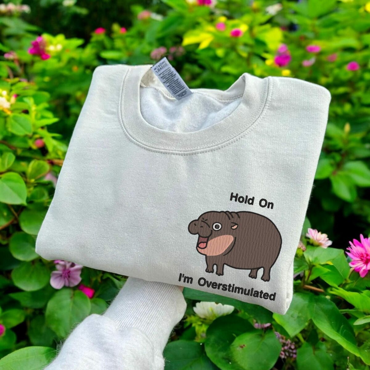 Embroidered Moo Deng Sweatshirt Embroidered Baby Pygmy Hippo Moo Deng Sweater Crewneck Embroidered Hold On Partner Im Overstimulated Shirt 2