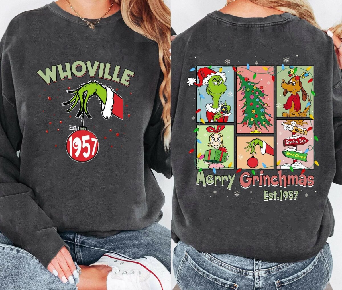 Double Sided Whoville Est 1957 Merry Grinchmas Comfort Colors Shirt Grinch T shirt Funny Christmas Party Family Matching Shirt Xmas Gift 1