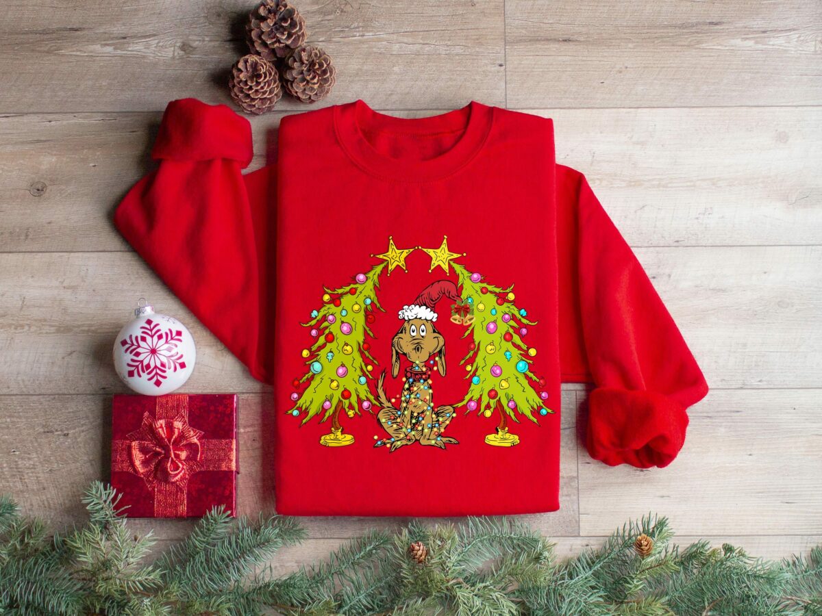 Whimsical Christmas Tree Shirt With Dog Max Whoville Tree Sweatshirt Whimsical Green Star Tree Trendy Christmas Tree Sweatshirt Tee 1