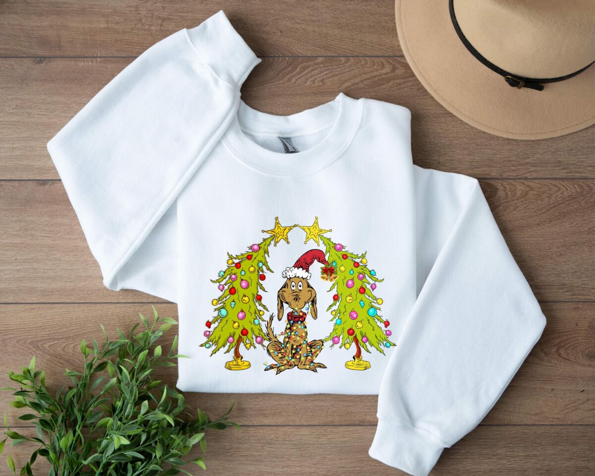 Whimsical Christmas Tree Shirt With Dog Max Whoville Tree Sweatshirt Whimsical Green Star Tree Trendy Christmas Tree Sweatshirt Tee 3