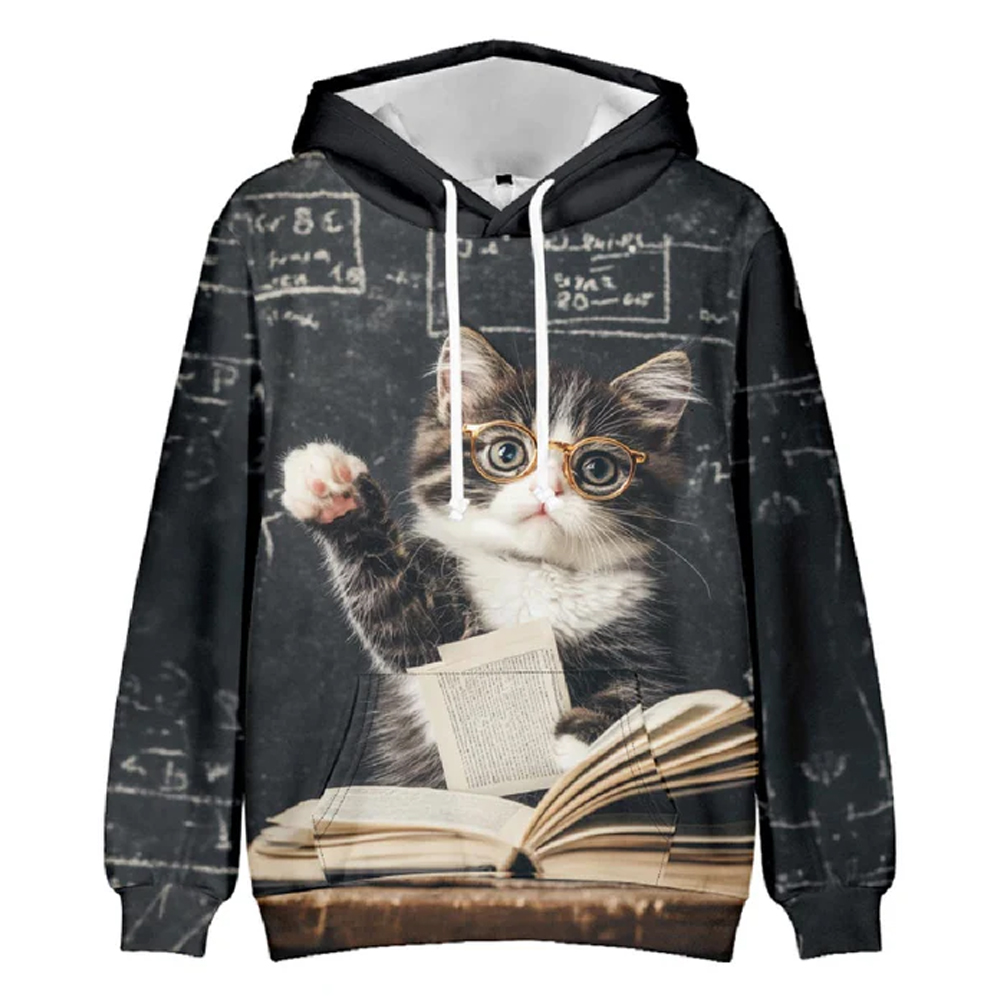 Cute Glasses Cat Print Hoodie for Youth