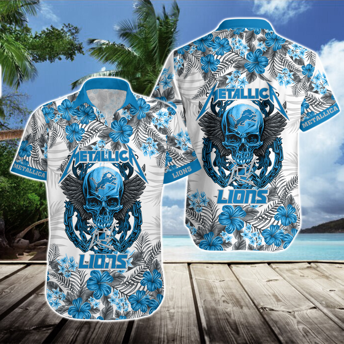 detroit lions metallic skull aloha shirt fot0l