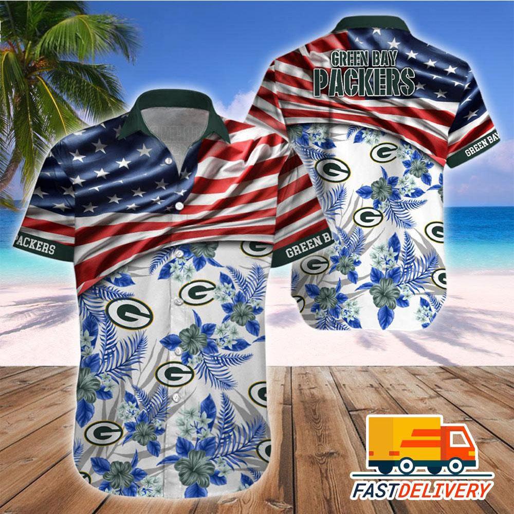 green bay packers american flag stripes floral hawaiian shirt ui215