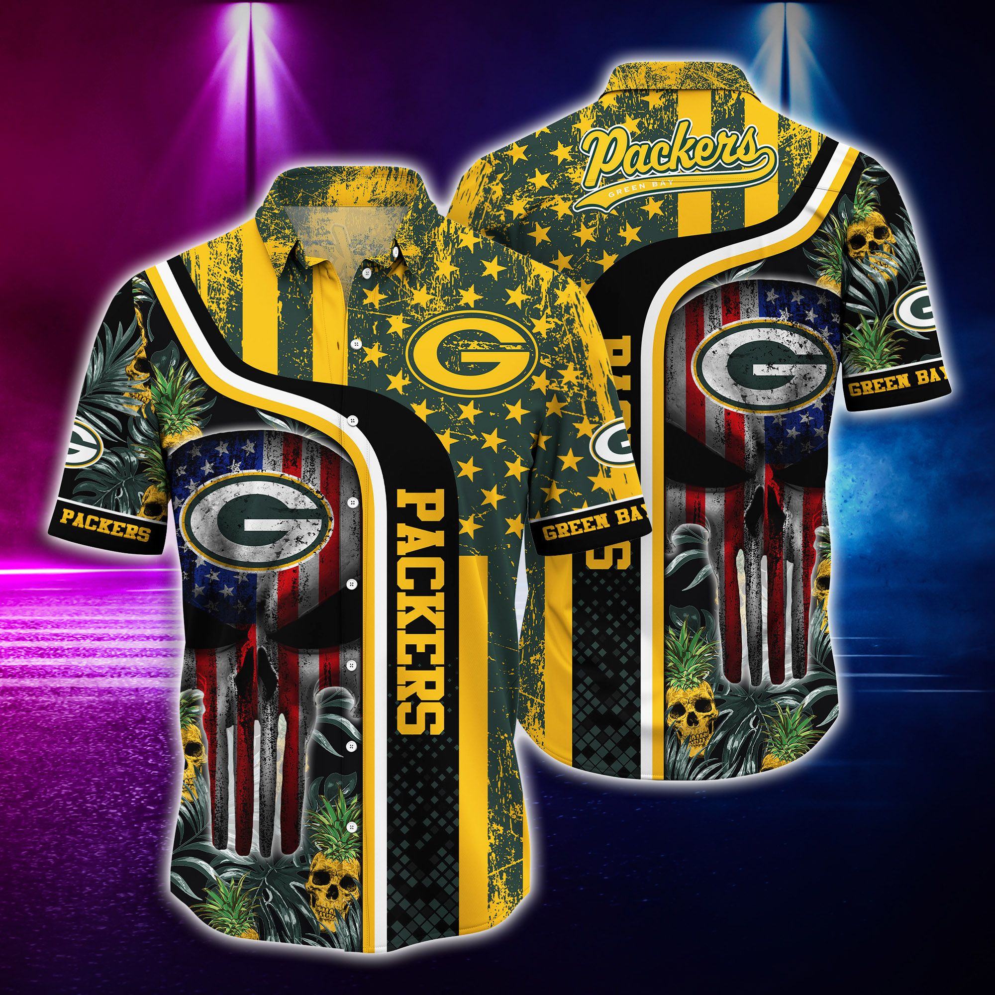 green bay packers stars stripes skull hawaiian shirt ddu1n