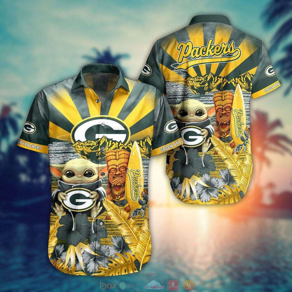 green bay packers tiki surf baby yoda hawaiian shirt