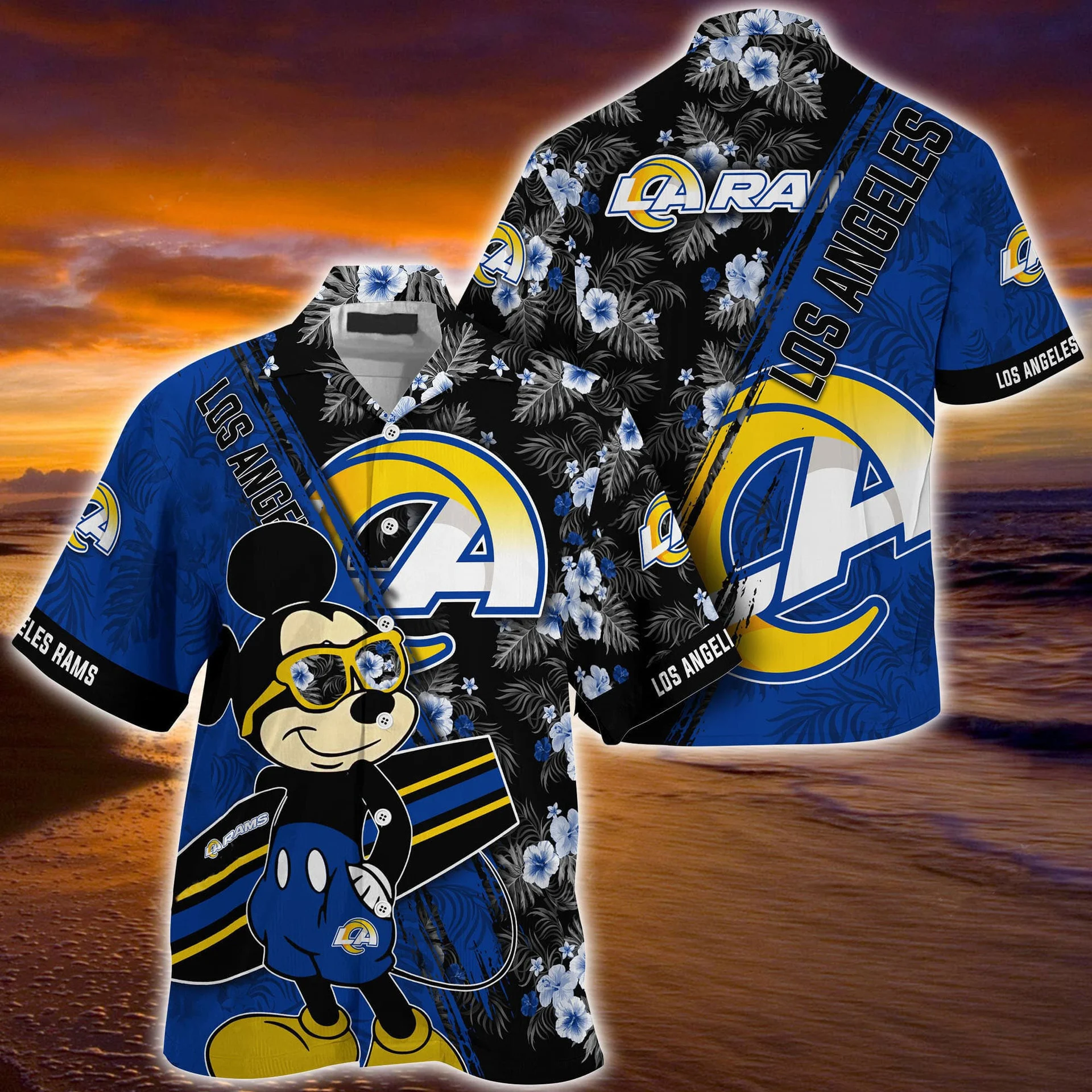 los angeles rams sunset mickey hawaiian shirt j6u3t