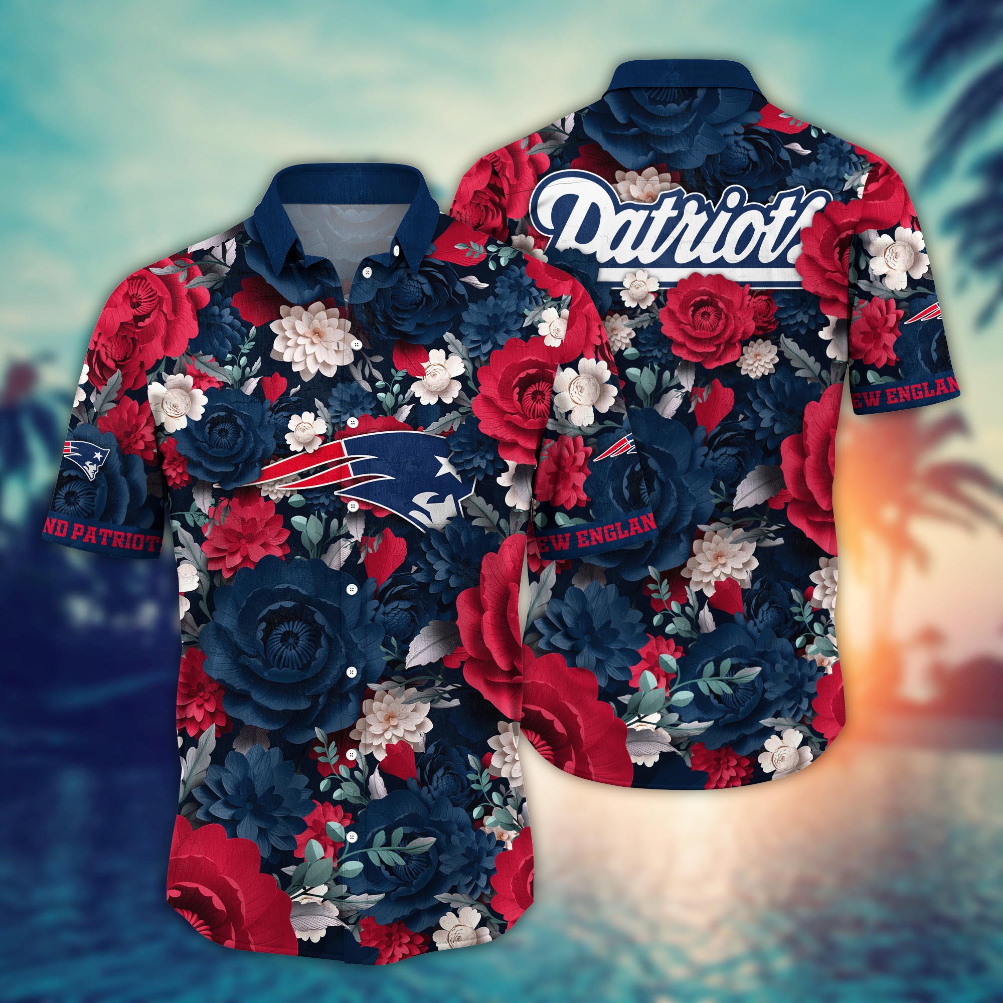 new england patriots sunset wave hawaiian shirt