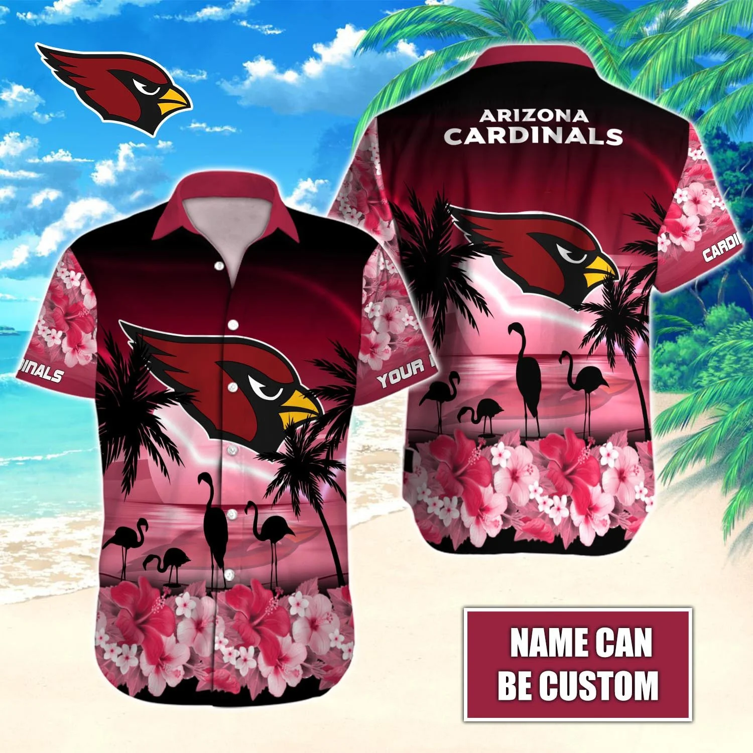 personalized arizona cardinals flamingo sunset hawaiian shirt